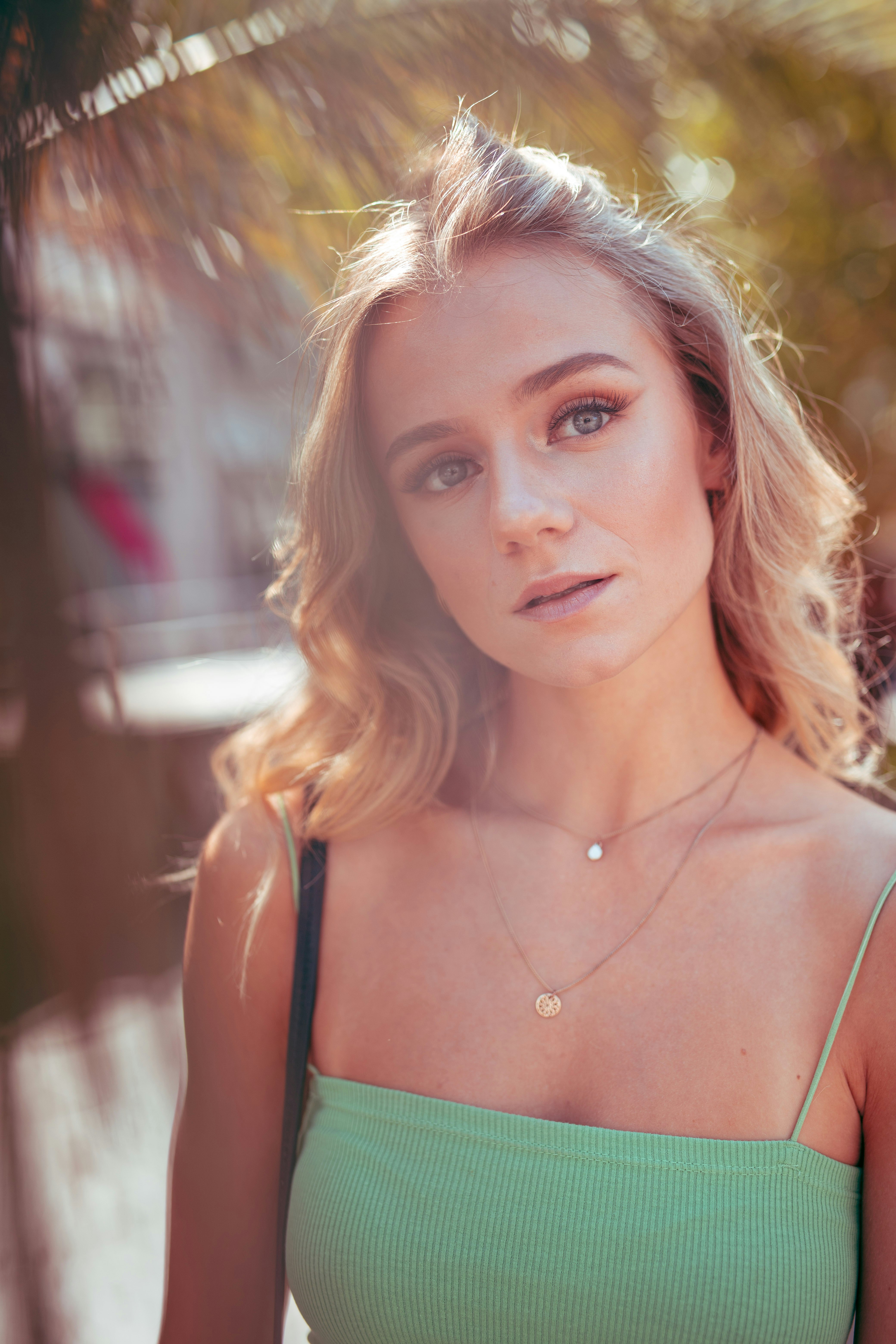 woman in blue tank top